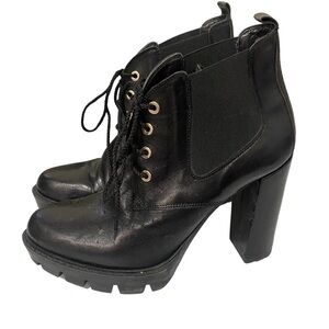 Atos Lombardini Black Italian Leather Chunky High Heel Lace Up Boot EU 39 US 8.5